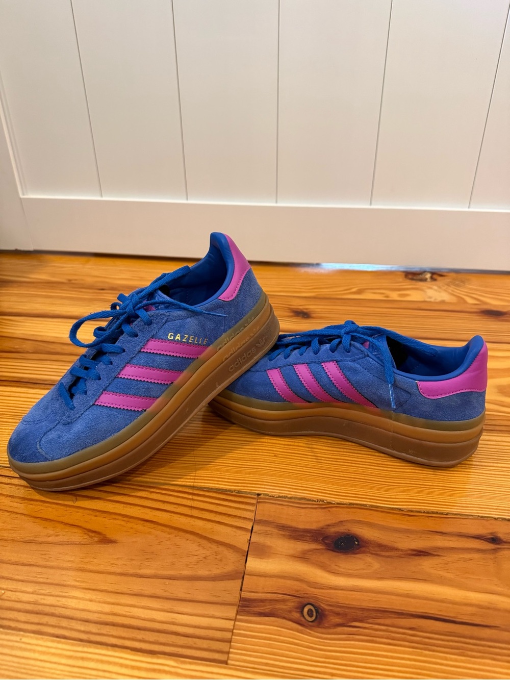 adidas Gazelle Platform Sneakers in Blue with Pink Stripes